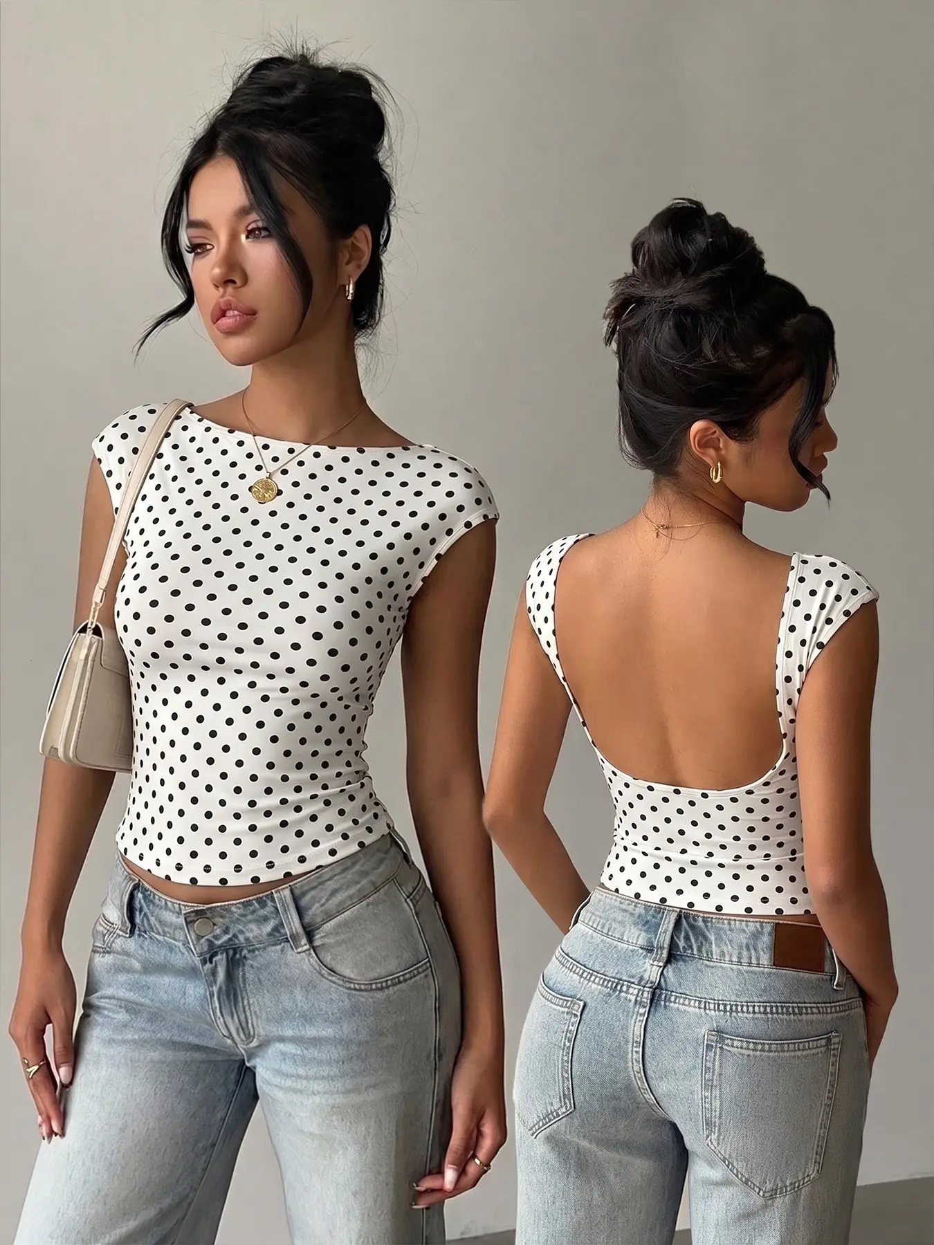 Y2K Polka Dot Top for Women, Sexy Low Back Sleeve Slim Fit T-Shirt, Holiday Style, Trendy Fashion Apparel, Perfect for Casual Wear, Bodycon Fit Top