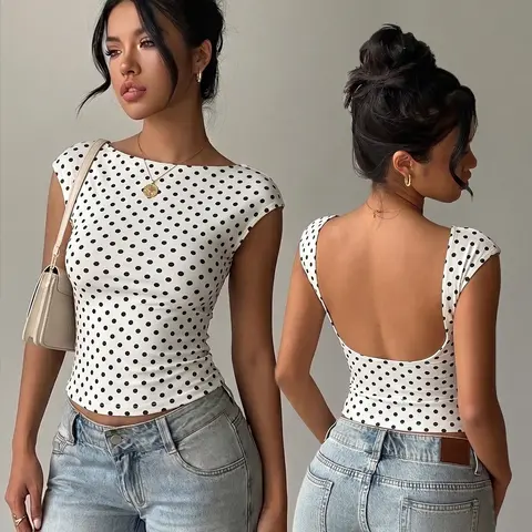 Y2K Polka Dot Top for Women, Sexy Low Back Sleeve Slim Fit T-Shirt, Holiday Style, Trendy Fashion Apparel, Perfect for Casual Wear, Bodycon Fit Top