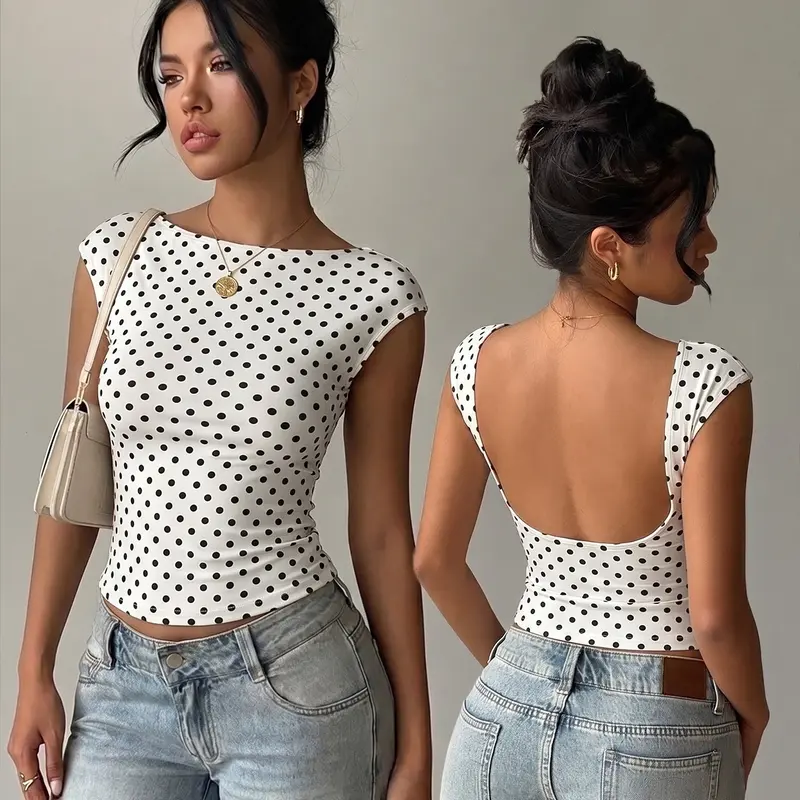 Y2K Polka Dot Top for Women, Sexy Low Back Sleeve Slim Fit T-Shirt, Holiday Style, Trendy Fashion Apparel, Perfect for Casual Wear, Bodycon Fit Top