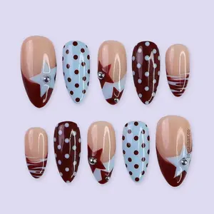 Polka Dot Retro Press On Nails, Red Blue Star Art with Vintage Pattern, Medium Almond Handmade Set Gift for Girlfriend Women for Daily Wear Party Event Birthday, Y2K Aesthetic, Cute Nail Style, Gifts For Her