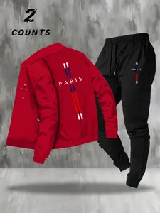 Men's Casual Letter Print Jacket Set with Sports Pants, Fall & Winter Fashion Stand Collar Top, Comfortable Running Pants, Streetwear Tracksuit Set