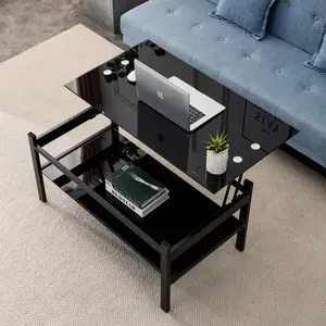 Glass Lift Top Coffee Table, Modern Simple 2-Layer Tempered Glass Coffee Table for Living Room, Black Glass Lift Top Coffee Table, Modern Simple 2-Layer Tempered Glass Coffee Table for Living Room, Black
