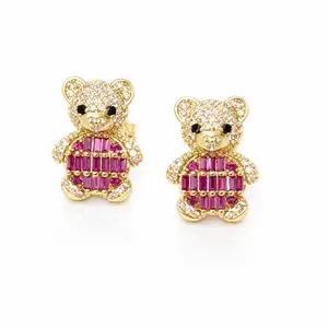 Didiray Bear Earrings 14k Gold Plated with Durable Metal Coating & Pink Zircon Elegant Gift for Best Friend Modern.Hypoallergenic Jewelry Design