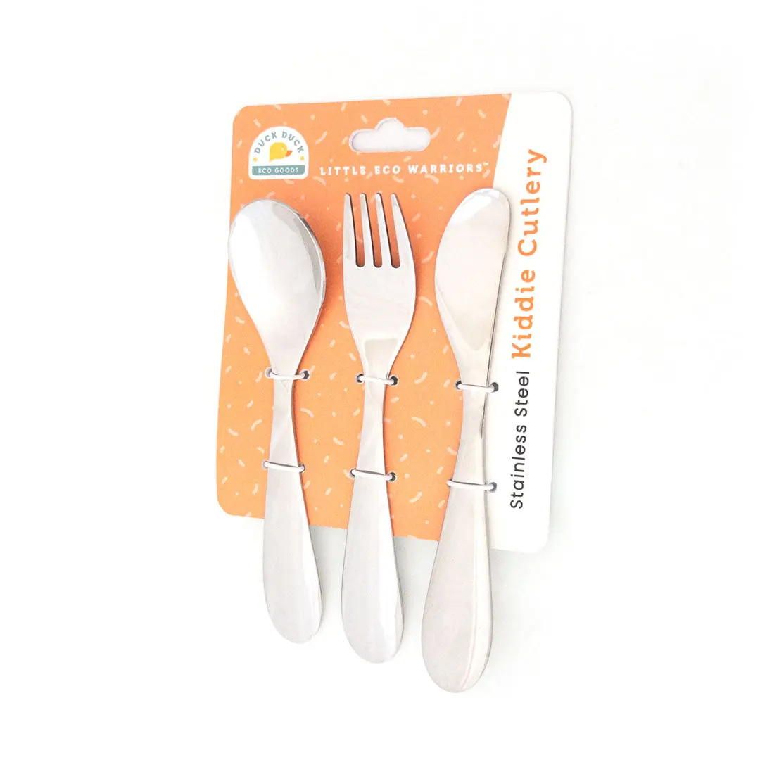 Kiddie Cutlery: Stainless steel kid-friendly spoon, fork, and knife set