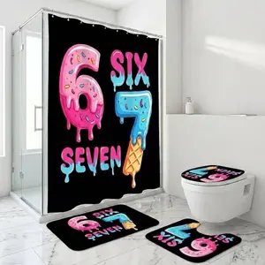 4Pcs Shower Curtain Set Donut Six, Ice Cream Seven, Sprinkles Lettering, Bathroom Sets with Rugs Christmas Halloween Thanksgiving, Bathroom Decor Black Backdrop Pink Blue Frosted Numbers Waffle Cone Confetti