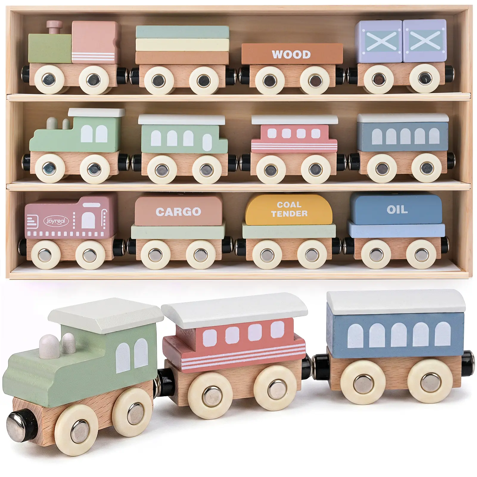 Joyreal Wooden Train Set for Toddlers, 12PCS Montessori Magnetic Train Cars with Storage Gift Box, Compatible with Major Brands, Wooden Baby Stacking Blocks Toy, Birthday Gift for Boys Girls, Summerwins