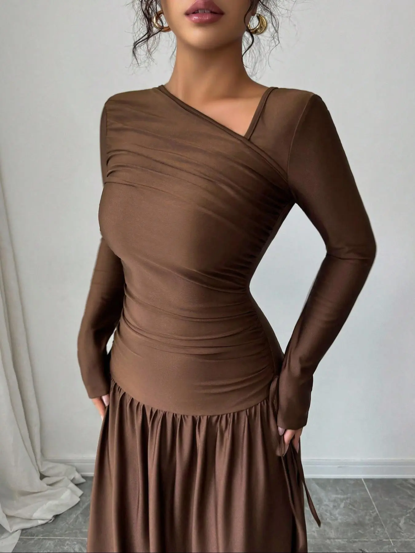 Women's Caramel Brown Asymmetrical Neckline Long-Sleeve Dress - Ruched Waist with Drawstring Detail, Slim-Fitting to Accent Curves, Flowy Maxi Skirt, Draped Fabric for Elegant Vibe, Perfect for Dates/Office/Light Parties - TikTok Shop Women's Caramel Brown Asymmetrical Neckline Long-Sleeve Dress - Ruched Waist with Drawstring Detail, Slim-Fitting to Accent Curves, Flowy Maxi Skirt, Draped Fabric for Elegant Vibe, Perfect for Dates/Office/Light Parties - TikTok Shop