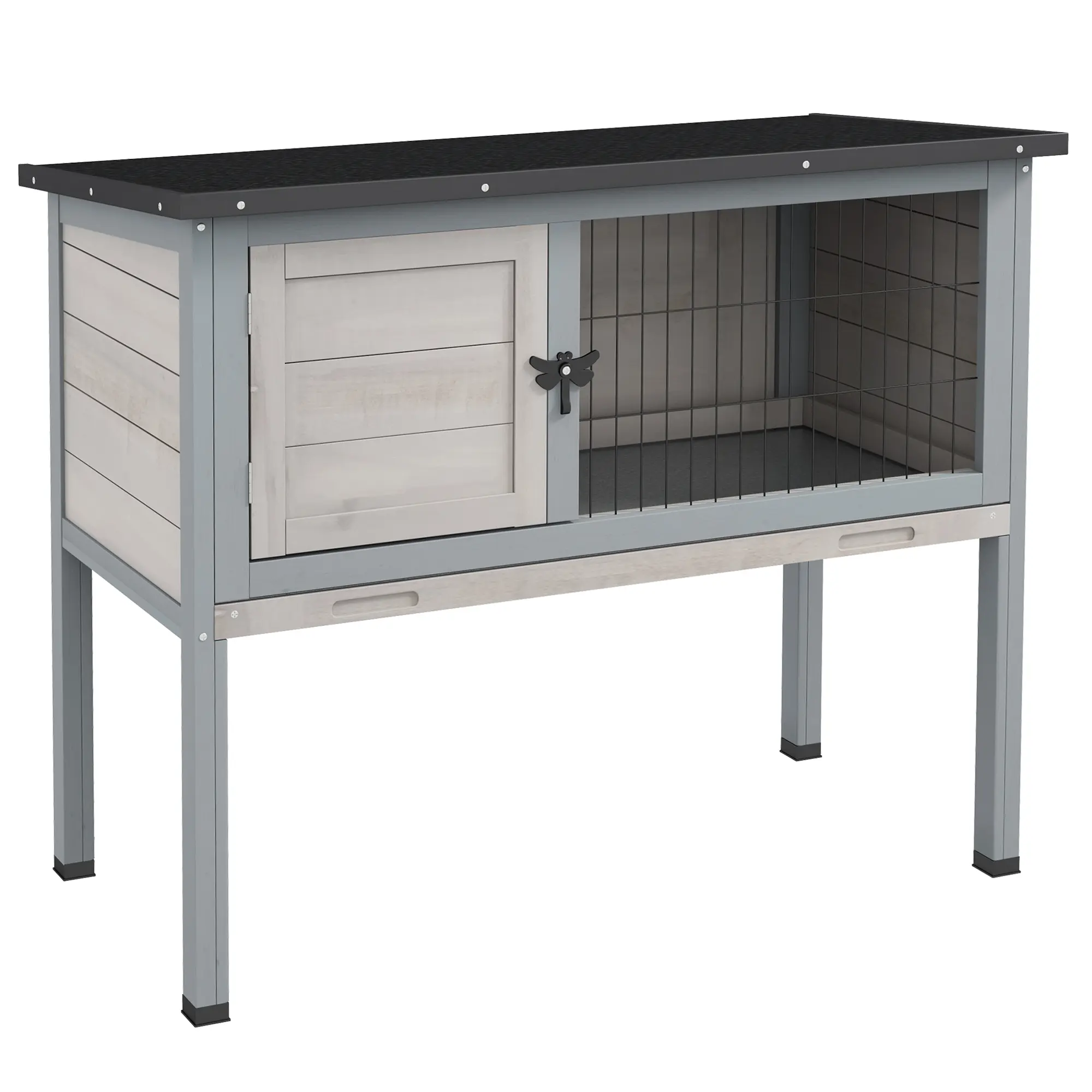 Gray Elevated Wooden Rabbit Hutch - Bunny Cage with Hinged Asphalt Roof, Removable Tray for Indoor/Outdoor Small Animal Habitation