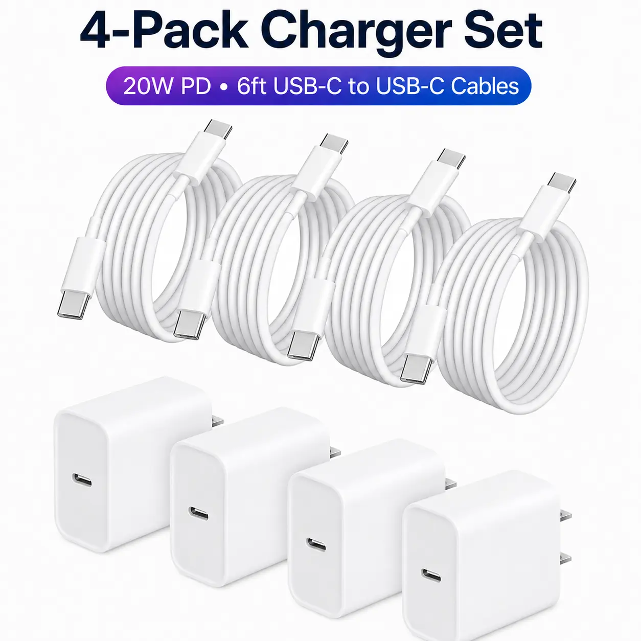 4-Pack USB-C Fast Charging Kit – 4 x 20W Wall Chargers + 4 x 6FT USB-C to USB-C Cables, Compatible with iPhone 17/16/15 Pro Max, Samsung, iPad, and More – TikTok Back to School Deal