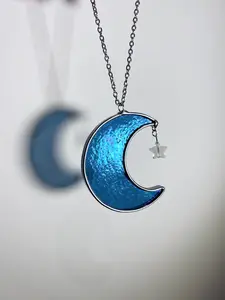 Midnight Iridescent Steel Blue Stained Glass Mini Moon Interior Rearview Mirror Car Charm!