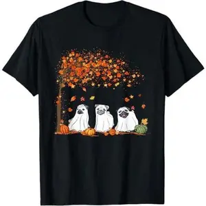 Pug Ghost Cute Under Fall Tree Halloween Autumn Dog Lovers T-Shirt