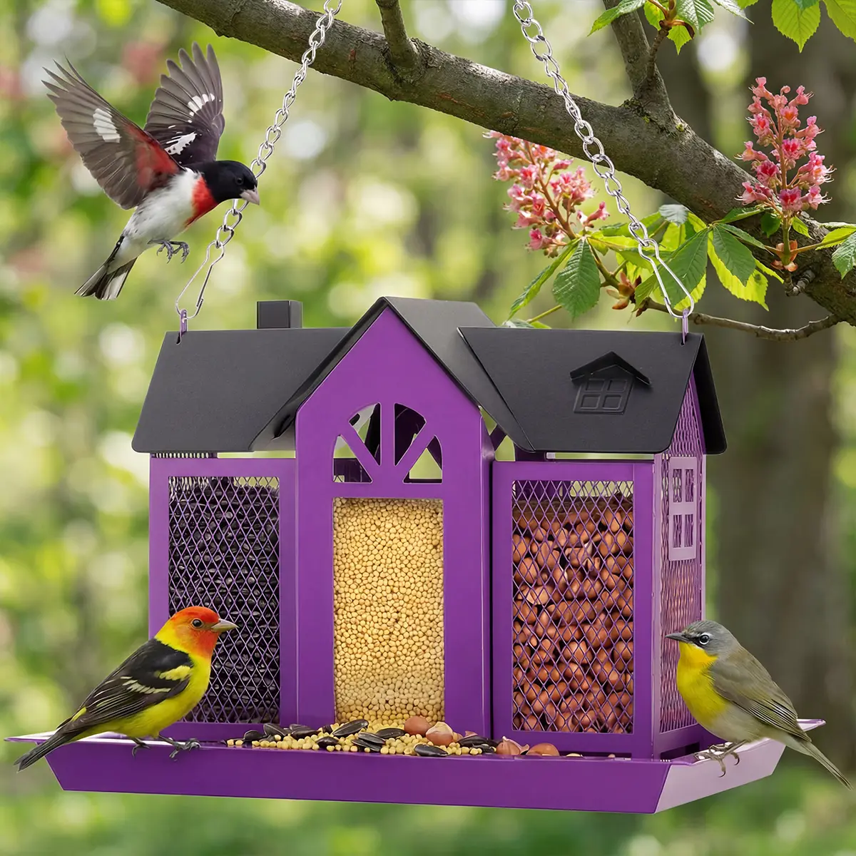 PAWGIANT Bird Feeder House for Outside, 10" × 8" × 7", Hanging Metal Mesh Wild Bird Feeder with Triple Feeders for Finch Cardinal Chickadee Large Capacity, Weatherproof and Durable, Garden Decor for Outside, Unique Gifts for Bird Lovers, Purple, DFYD