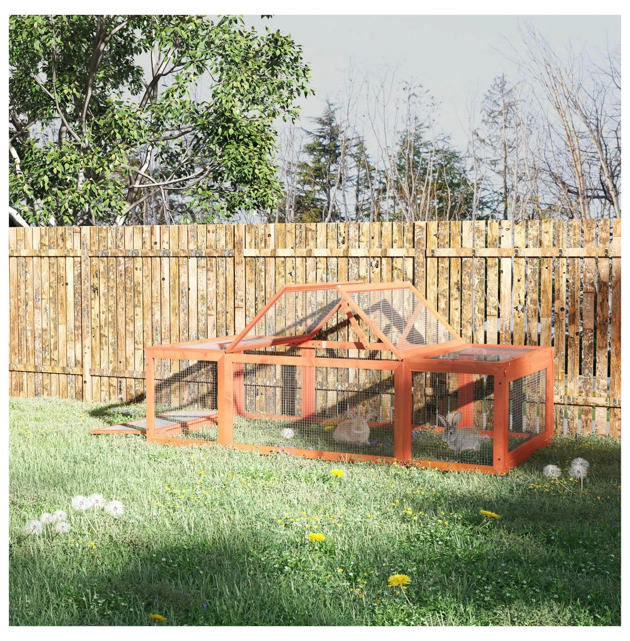 Large Wooden Rabbit Hutch for Outdoor Use - 70.75" l x 35.5" w x 19" h, Integrated Run, Lockable Doors, Weather-Resistant Fir Wood Small Animal Habitat Enclosure for Secure Environment, Natural, Small Animals