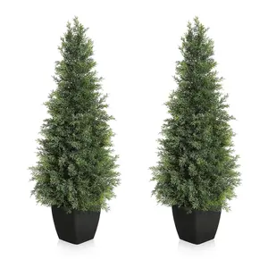 Set of 2 3FT Artificial Cedar Boxwood Trees in Pot - Realistic, UV-Resistant, Easy Care - Evergreen Topiary Artificial Plants for Entrance, Patio, Garden, Balcony & Indoor