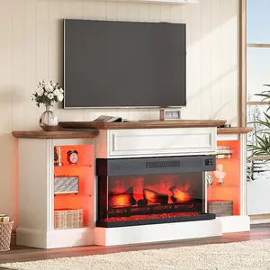 VanAcc 70" Fireplace TV Stand with 36" 3-Sided Glass Electric Fireplace, Farmhouse Media Entertainment Center with LED Light & Hiden Flip-up Door, TV Console Storage Cabinet for TVs up to 80"