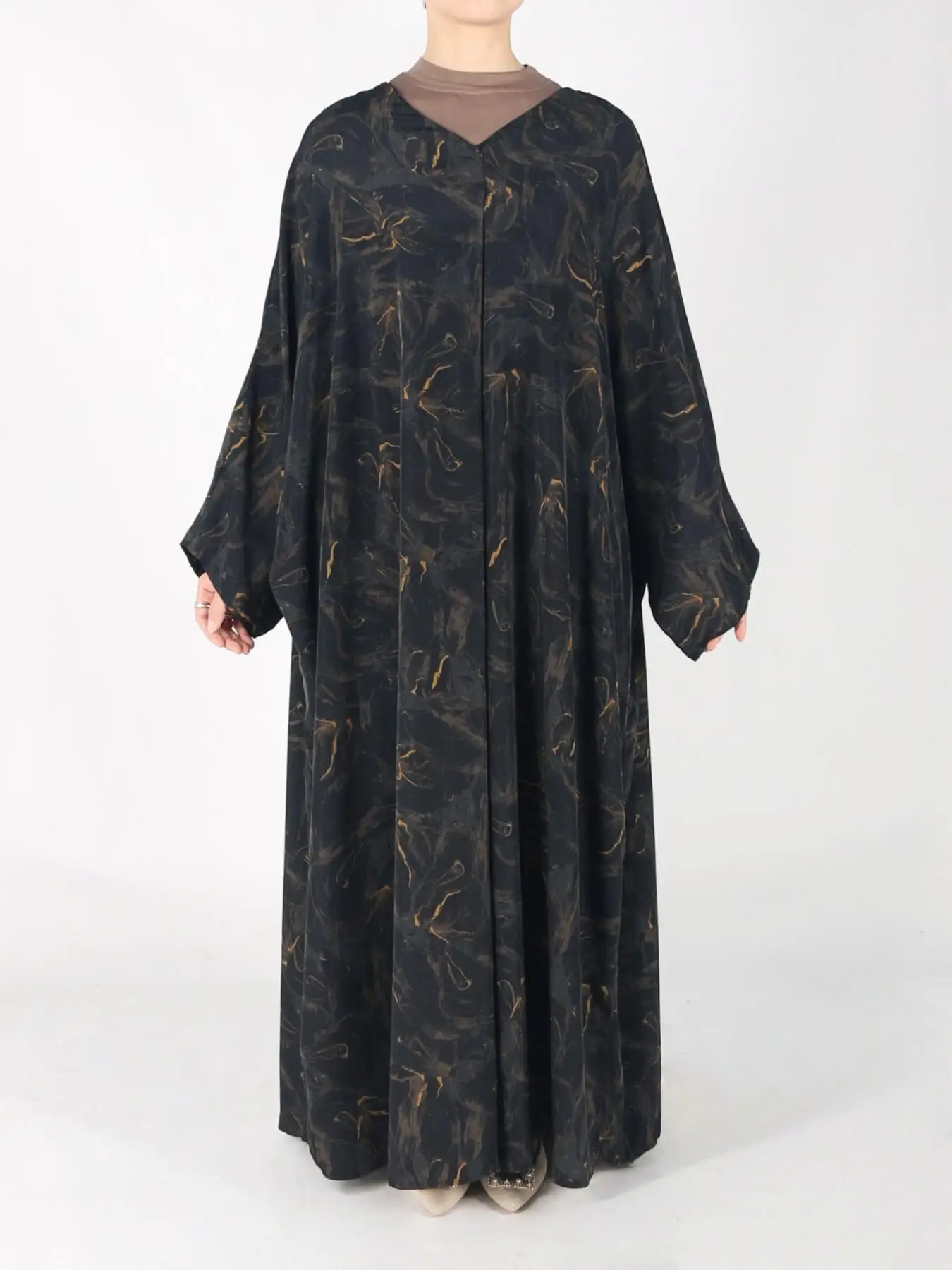 Women's Marble Print Double Sided Wear Abaya with Hidden Waist Tie, Modest Long Sleeve Open Front Maxi Muslim Dress, Women's Islamic Clothing for Dail