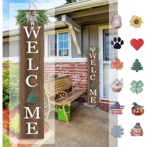 Interchangeable Welcome Sign for Front Door Standing "X8" with 12 count Designed Icons Outdoor Front Porch Tall Garden Patio Signs Large Vertical Leaner Vertical  Frame Outside Decor ()
