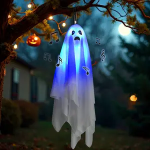 Halloween Decorations Outdoor Hanging Ghost Lights with Music, Adjustable Up Down Motion, Cute Party Ghosts for Yard Decoration, Ornaments