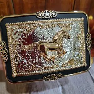 Running horse Western Silver Rose Gold & Black Enamel Buckle 4.5x3.0" Rodeo Cowboy Design for Upto 2" Belts, High Quality Zinc Alloy