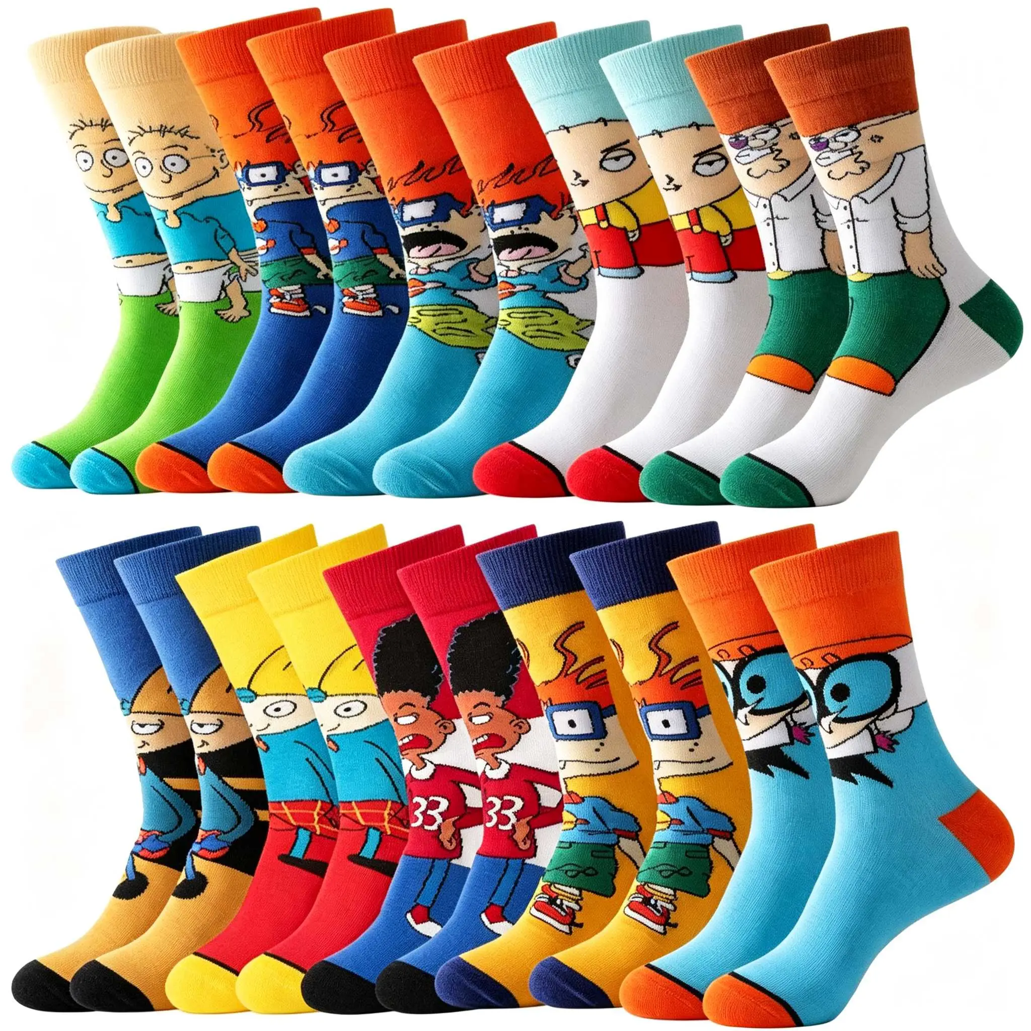 Men's Socks Fashion Online: 10-Pair Pack Cartoon Character Mid-Calf Socks, 35cm/13.78in Length, Breathable Knit Fabric, All-Season Casual Style| Fun & Versatile, Suitable for Various Occasions Menswear Outfits
