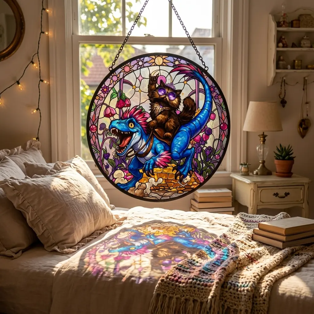Round Princess Donut & Mongo Stained Glass Suncatcher - Magical Colorful Natural Light Artwork, Wall Decoration, Dungeon Crawler Fantasy Book Reader Gift, Valentine's Day Home Garden Hanging Ornament