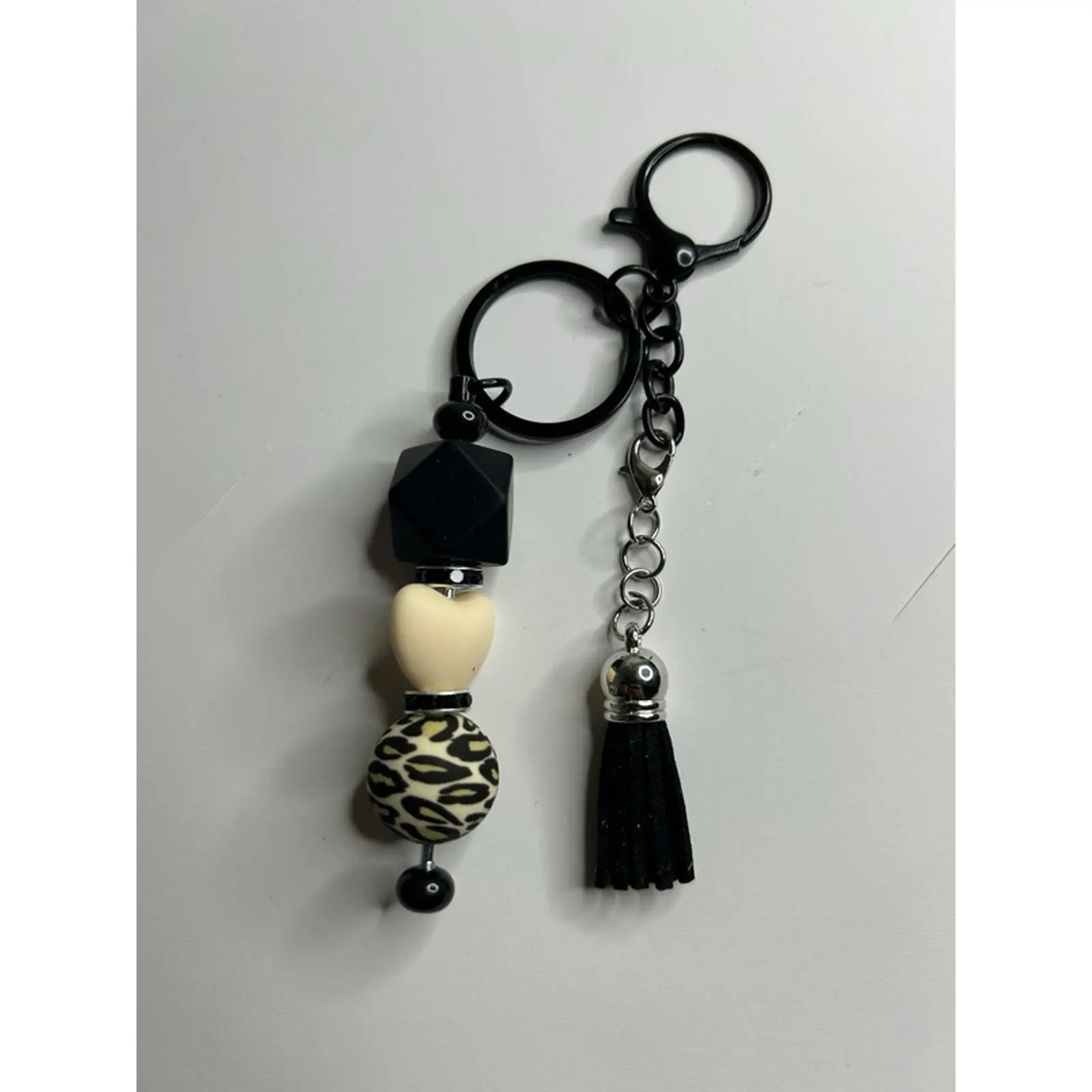Black and Cheetah Print Keychain with Tassel and Beads for Stylish Accessory
