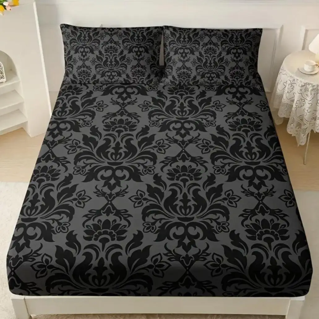 Baroque Design Floral Pattern Bedding Set, 3 Counts/set Including 1 Count Fitted Sheet & 2 Counts Pillowcase without Filler, Bedding Supplies for Home