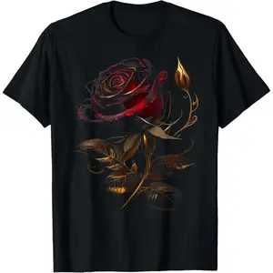 100 Percent Cotton Deep Red Rose Graphic Tee with Black and Gold Design for Men and Women