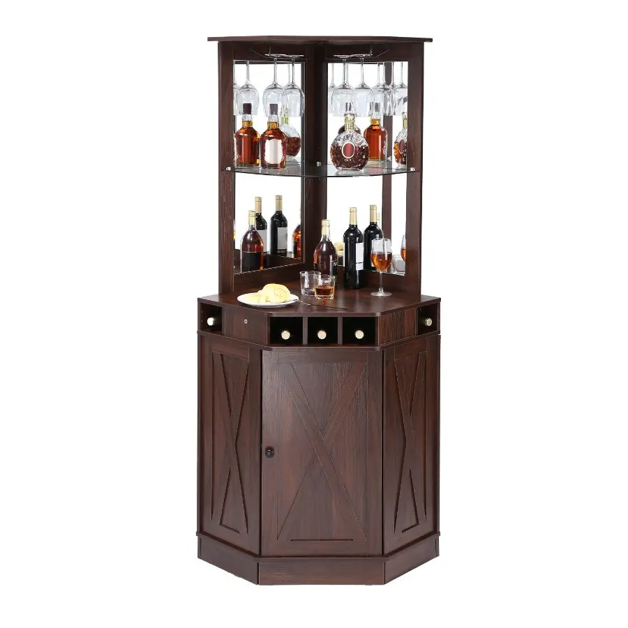 fathersdaygift  VEVOR Corner Industrial Bar Cabinet, Wine Table for Liquor Glasses, Sideboard Buffet Cabinet with Glass Holder, Freestanding Farmhouse Wood Coffee Bar Cabinet for Living Room, Home Bar, Black Walnut