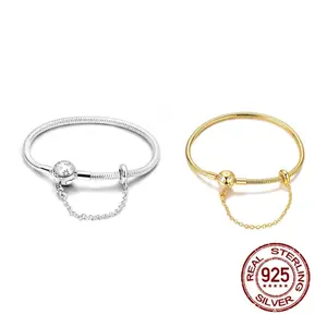 MULA Star Moon Safety Chain Bracelet - 925 Silver Zircon Classic Snake Bone Chain - Lucky Bracelet Fits all Pandora beads and charms Ideal gift for girls and women