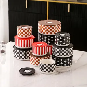 Checkerboard Pattern Ceramic Storage Bowl with Lid, Stackable Food Storage Container, Microwave & Dishwasher Safe Food Preserving Container, Tableware