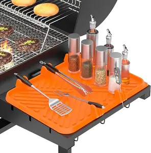 Silicone Griddle Tool Mat Blackstone Griddle Mat for Side Shelf Silicone Utensil Rest with Drip Pad, 5 Removable Grill Spatula Holders & Thermometer Slots, Flat Top Grill Accessories Orange