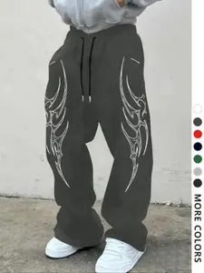 Men's Casual Sporty Long Pants, Thorn Totem Print, Drawstring Wide Leg, Loose-Fitting, All Seasons, Men's Fashion