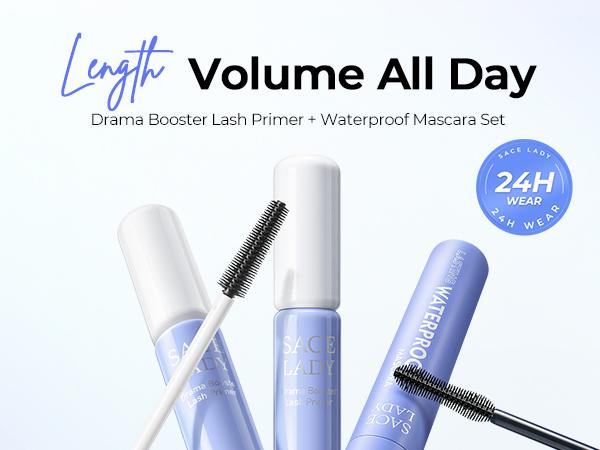 SACE LADY Lash Primer and Waterproof Mascara Set 2-in-1 Fiber Lengthening Volumizing Smudgeproof 24H Long Lasting Curling Eyelashes Makeup Kit