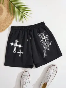 Dark Cross Print Shorts, Adjustable High Waist Slim Fit, Women's Fashion Item, Dark Style Design, Summer Daily Wear