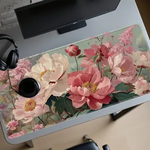High Quality A Floral Design Gaming Mouse Pad With A Light Green Background And Pink, White, And Red Peonies. Designed For Computer Desks With A Non-Slip Base