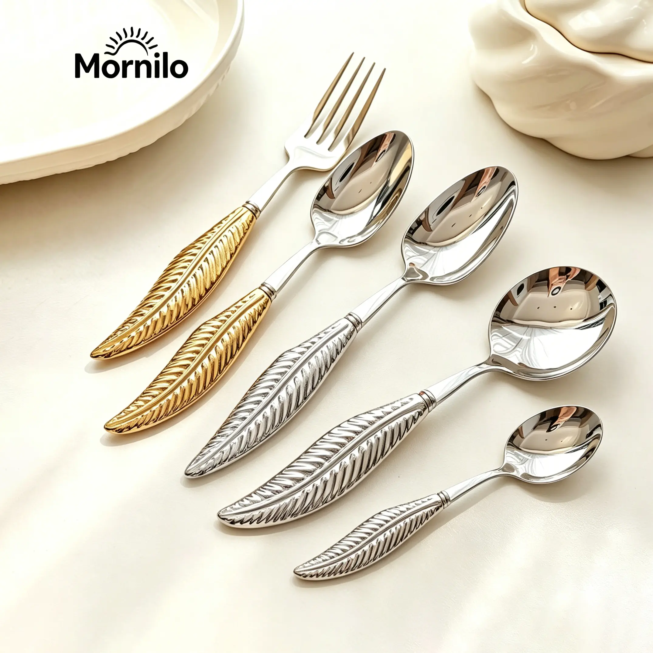 1Pcs/3Pcs Stainless Steel Soup, dinner, And Dessert Spoons—Featuring Luxurious Gold-Tone, Leaf-Shaped Handles; Suitable For Pasta, Camping, And Picnics; A Premium Kitchen Accessory And A Must-Have For Coffee Bars