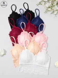 6 Pack/6 Colors Women's lace wireless bra with chest pads and adjustable straps, Wireless Padded Bra, skin-friendly, comfortable, breathable all-day wear, suitable for daily casual wear, parties, sports, or yoga, Breathable Fit Bra