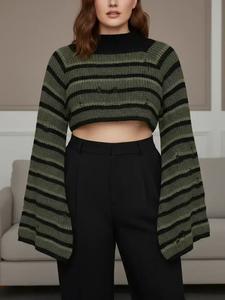 【plus size】 striped print ripped flounce sleeve crop sweater, casual long sleeve mock neck jumper for fall & winter, women's plus clothing for daily wear, longsleeves everyday womenswear