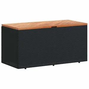 vidaXL Patio Storage Box, Bench Seat with Gas Spring Lid, Outdoor Storage Container for Toy Cushion Blanket, Black Poly Rattan Acacia Wood 365955