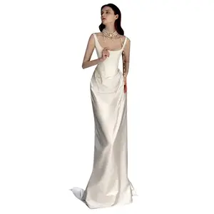 Satin Light Wedding Dress 2026 – Vintage Simple Spaghetti Strap Departure Gown, Small Train Bridal Evening Dress