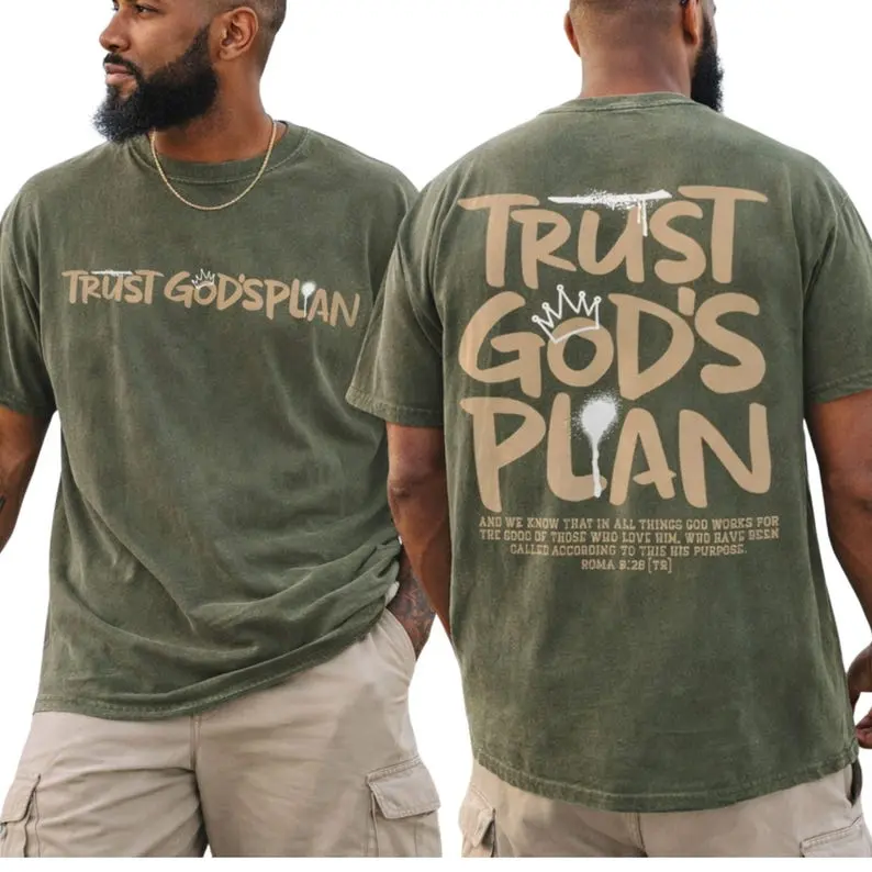 Men's Oversized Acid Wash T-Shirt - Vintage Christian 'Trust God's Plan' Graphic, 100% Cotton Casual Shortsleeve, Menswear