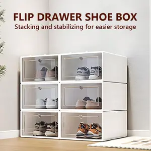 6 Piece Shoebox Plastic Stackable, Large Sneaker Storage Box With Door, Shoe Display Case, Space-Saving Collapsible Shoe Rack, Boot & Hat Storage Box, Large Wardrobe Shoe Rack