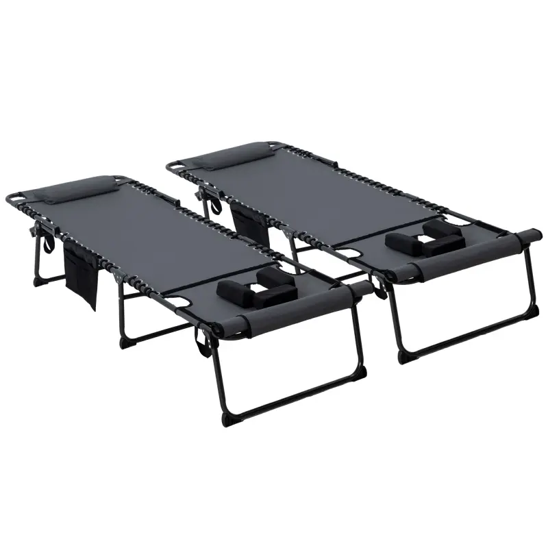 Outsunny 2-Piece Folding Stainless Steel Frame Waterproof Ergonomic Double Chaise Lounge Sunloungers - 5-Level Reclining Back, Reading Face Hole, Side Pocket, Headrest for Beach, Patio, Gray
