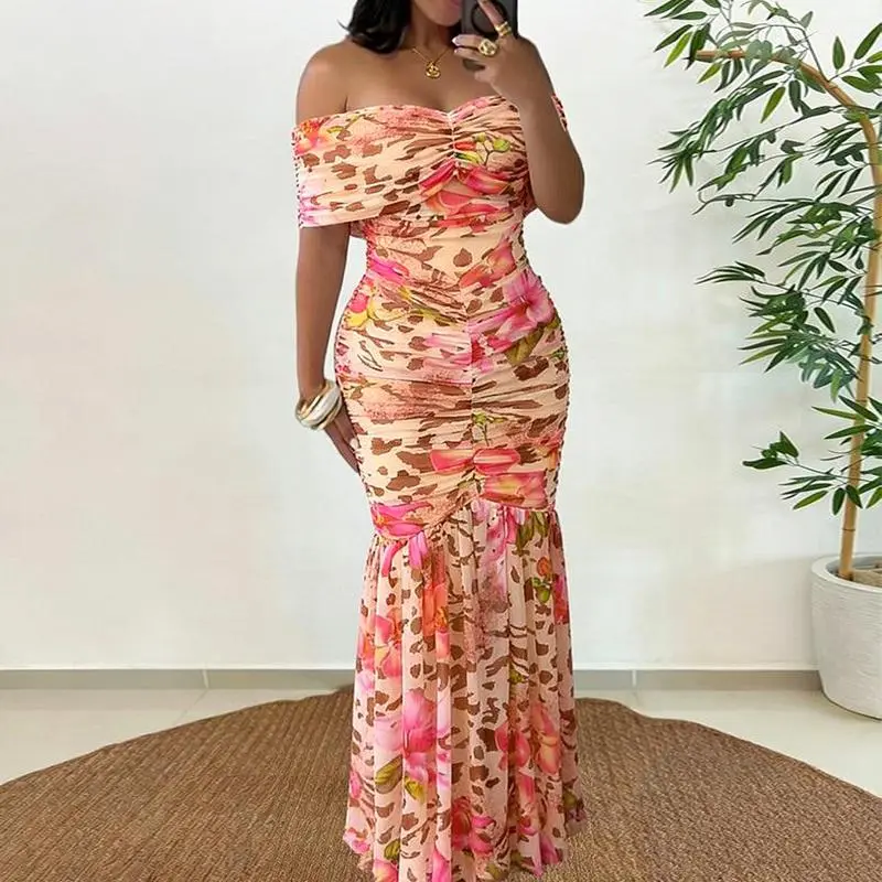 CHICME Women's Off The Shoulder Mermaid Maxi DressFloral Leopard Print Mesh Fitted Ruched Formal/SummerDress with Detachable Straps Elegant Evening Party