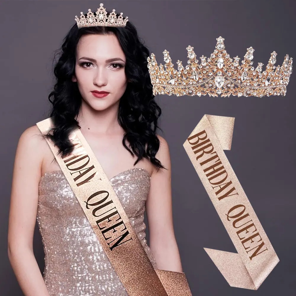 Women's Alloy Rhinestone Queen Birthday Crowns & Sash Set - Female Comfortable Safe Hair Accessory, Glitter Rose Gold/Rose Gold Glitter, Secure Fit, Round Hole, One Size Fits Most, Perfect Gift for Party Photo Props/Costume Headpiece, Rhinestones