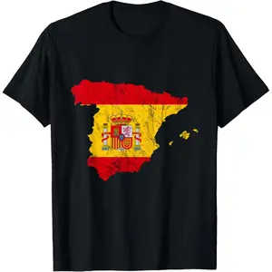 Men's Natural Cotton Short-Sleeve Fashion T-Shirt, Featuring Spain Map Outline and Spanish Flag Design for Espana Holiday