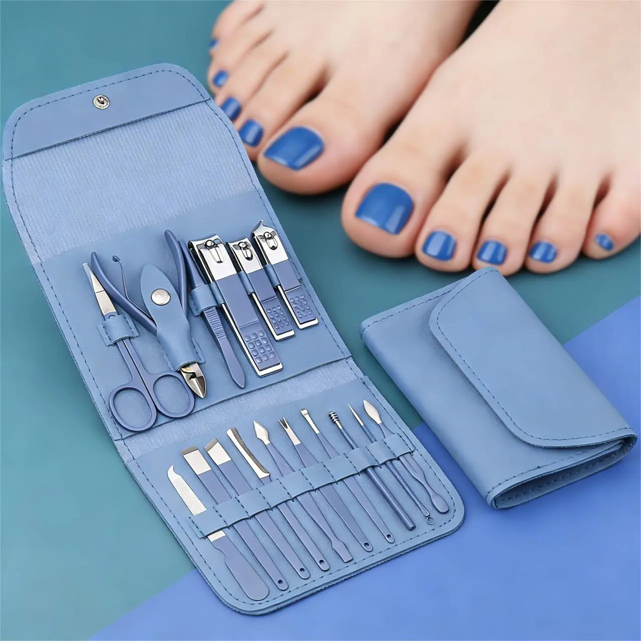 16-Piece Premium Stainless Steel Manicure & Pedicure Tools Set - Modern Style Kit for Nail Care, Including Straight Edge File, Ear Pick, Scissors, 14/11cm Professional Travel Beauty Care Tools