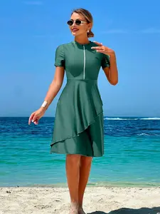 Women's Zipper Design Plain Color Conservative Two-Piece Tankini with Shorts Swimsuit, Stylish Beachwear Swimwear for Women