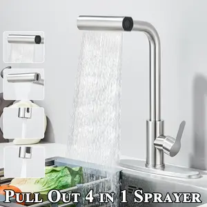 Senlesen Brushed Nickel Kitchen Faucets with Pull Down Sprayer Single Handle Waterfall Kitchen Sink Faucet with Cover Plate, Commercial Sink Mixer Taps Stainless Steel